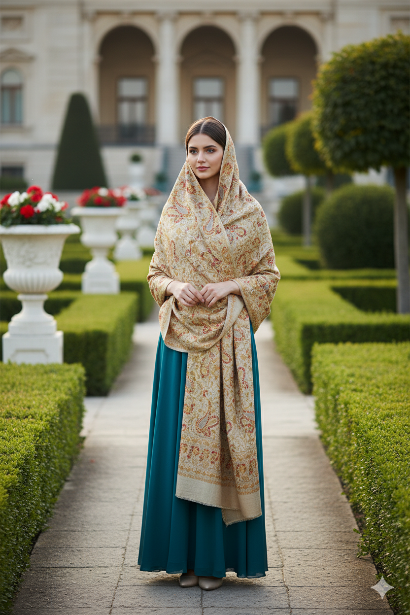 Zarrīn Kārī - Pashmina gold-toned embroidery Shawl